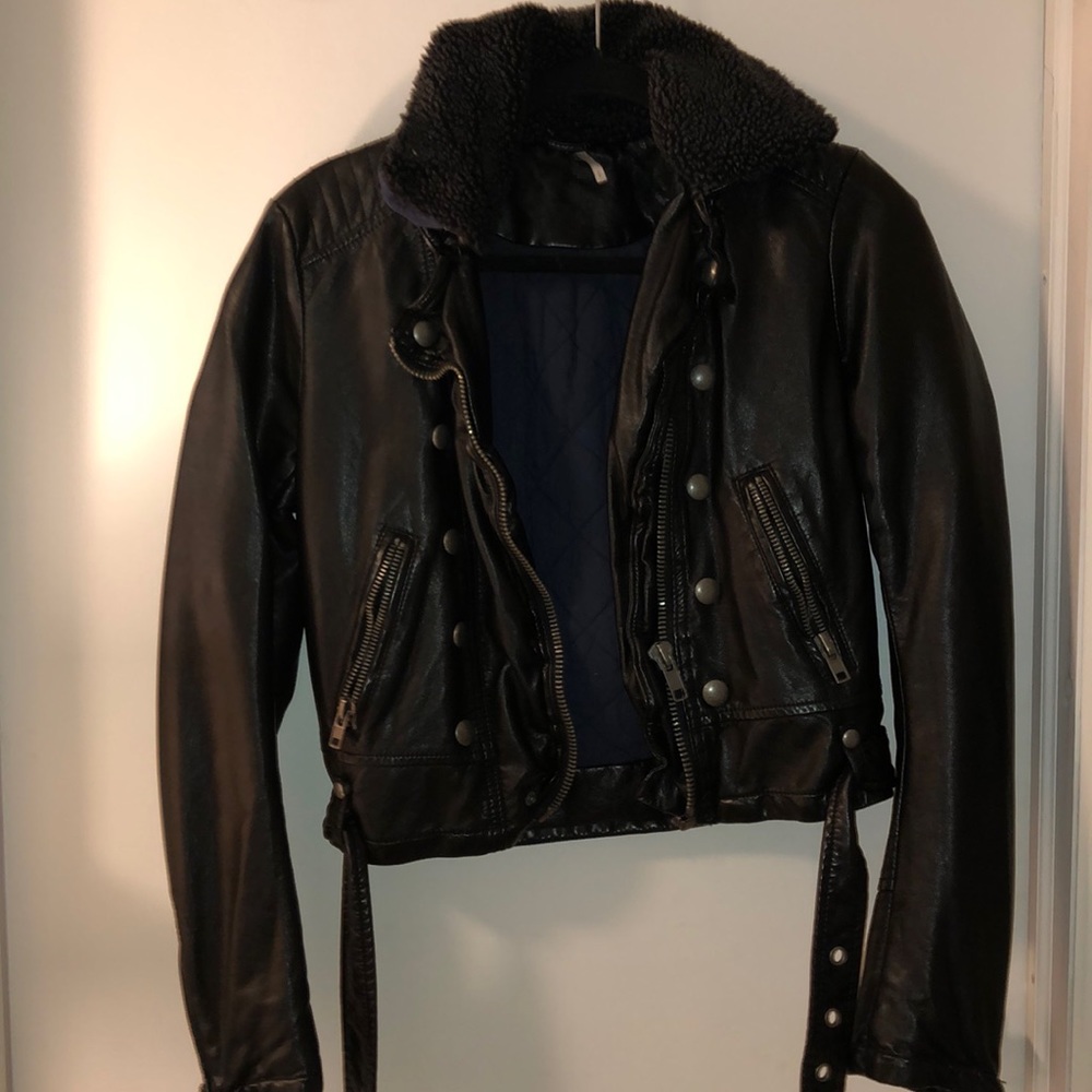 Free People Faux Leather Bomber with Sherpa Collar